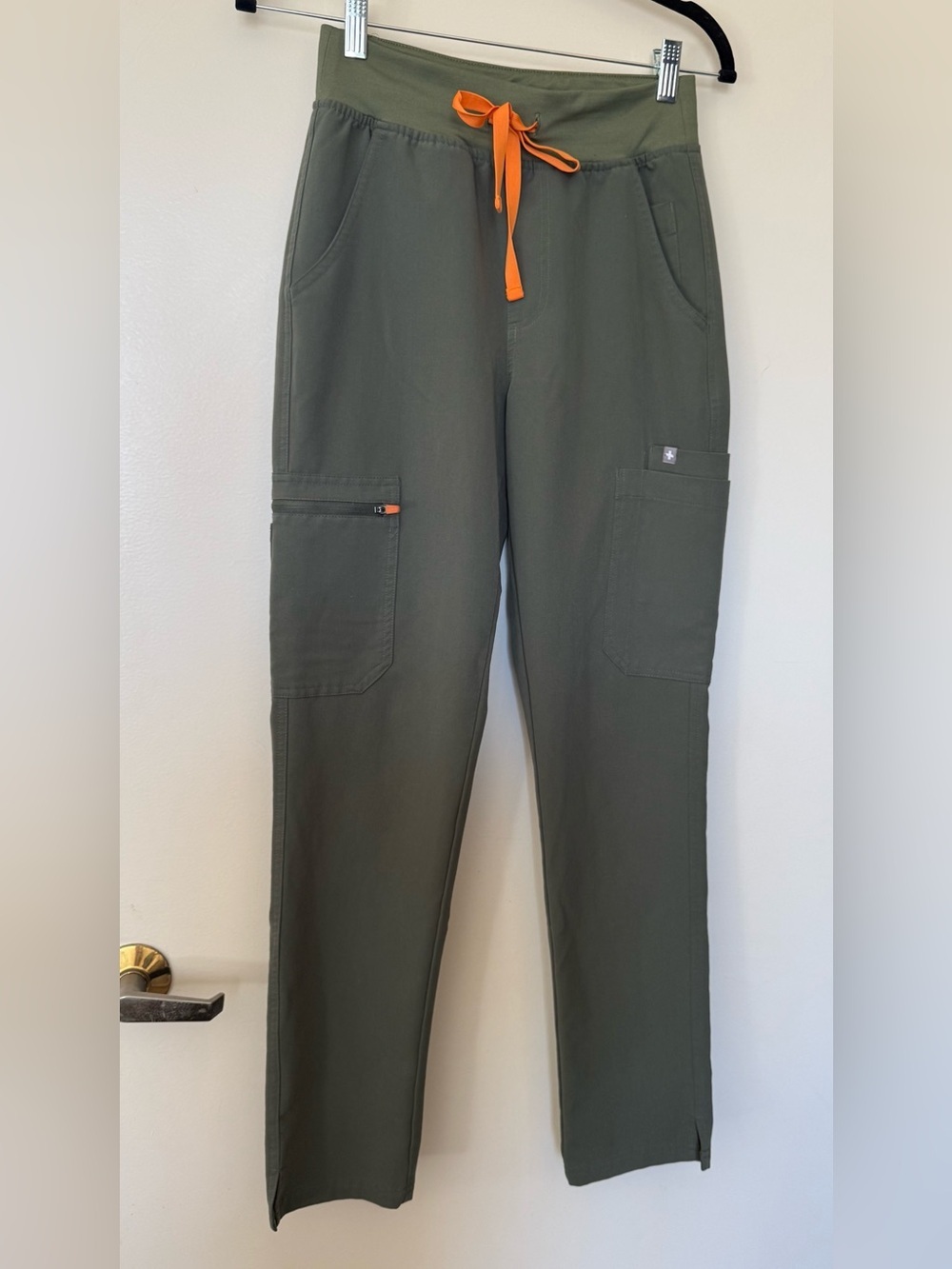 Figs Scrubs Technical Collection Olive Cargo Pants with Bright Orange Drawstring
